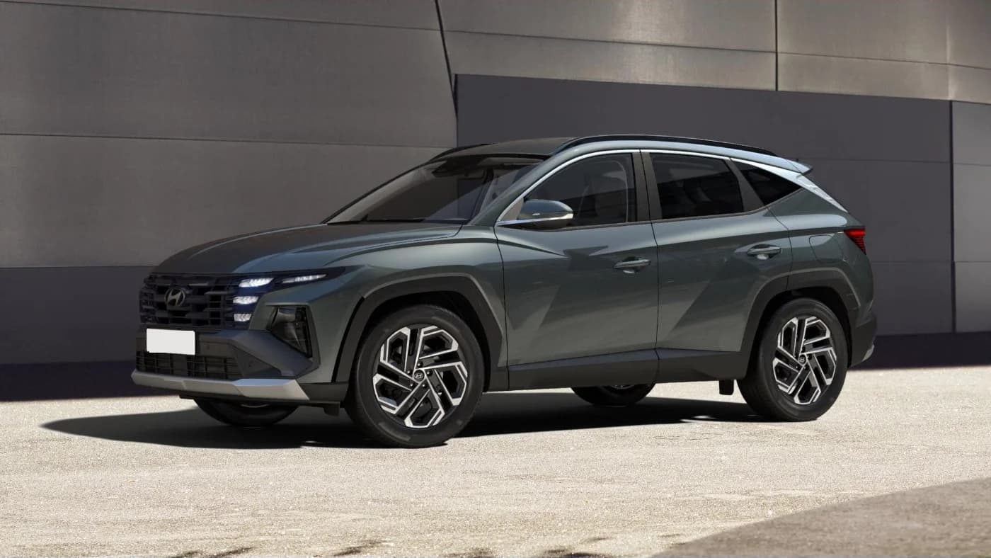 Hyundai Tucson Hybrid in grey, three-quarter front view