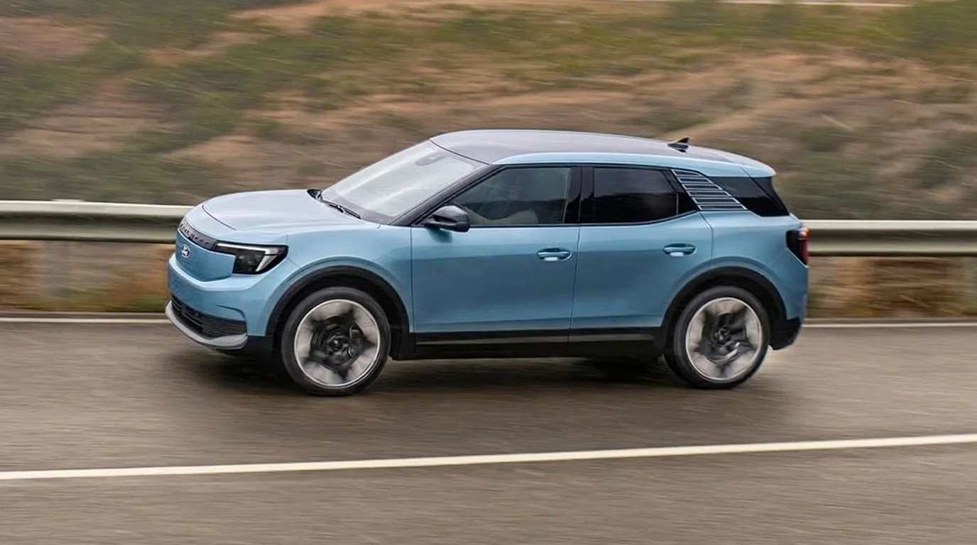 All-electric Ford Explorer SUV driving on a country road